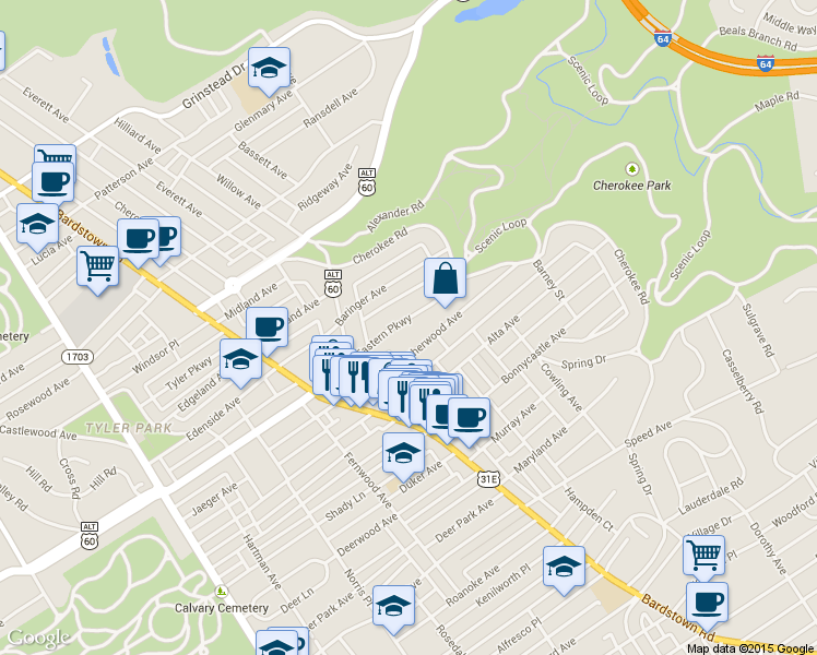 map of restaurants, bars, coffee shops, grocery stores, and more near 2075 Sherwood Avenue in Louisville