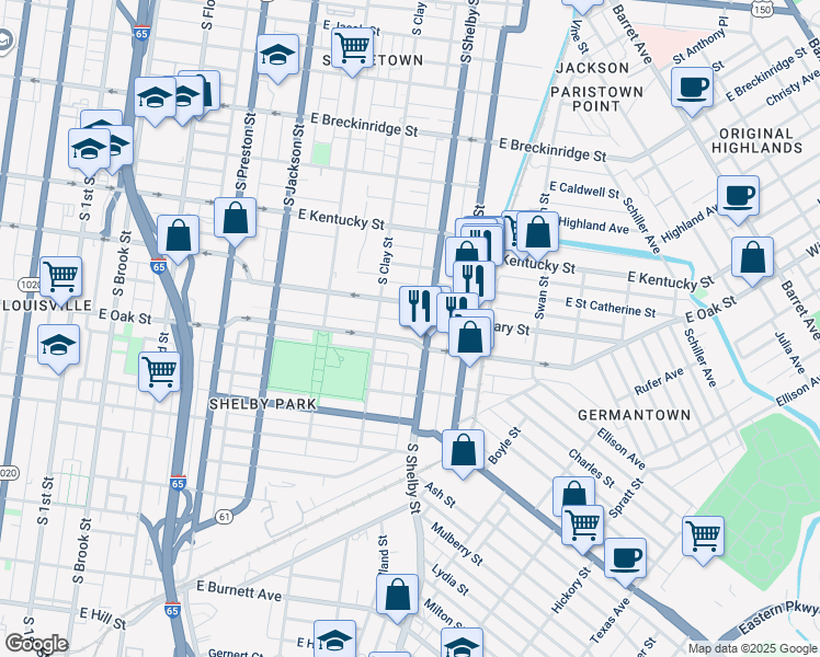 map of restaurants, bars, coffee shops, grocery stores, and more near in Louisville