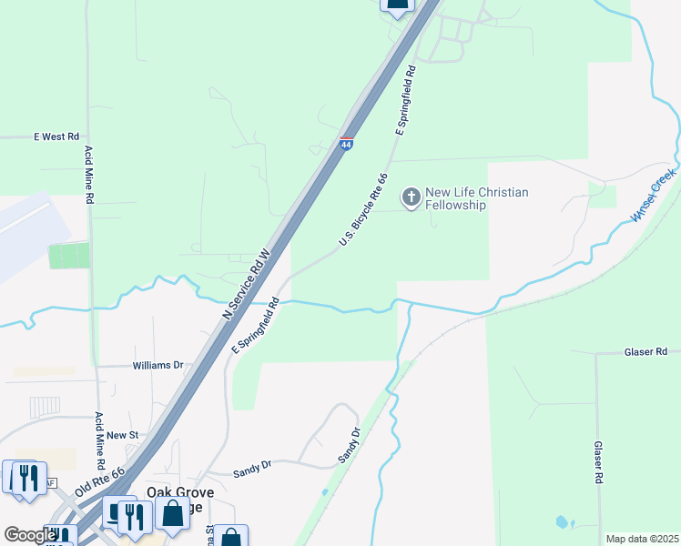 map of restaurants, bars, coffee shops, grocery stores, and more near 1250 East Springfield Road in Sullivan