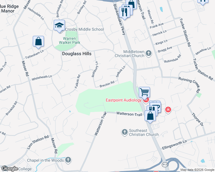 map of restaurants, bars, coffee shops, grocery stores, and more near 11010 Brechin Road in Louisville