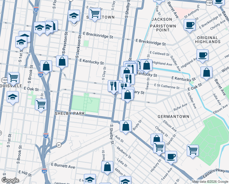 map of restaurants, bars, coffee shops, grocery stores, and more near in Louisville