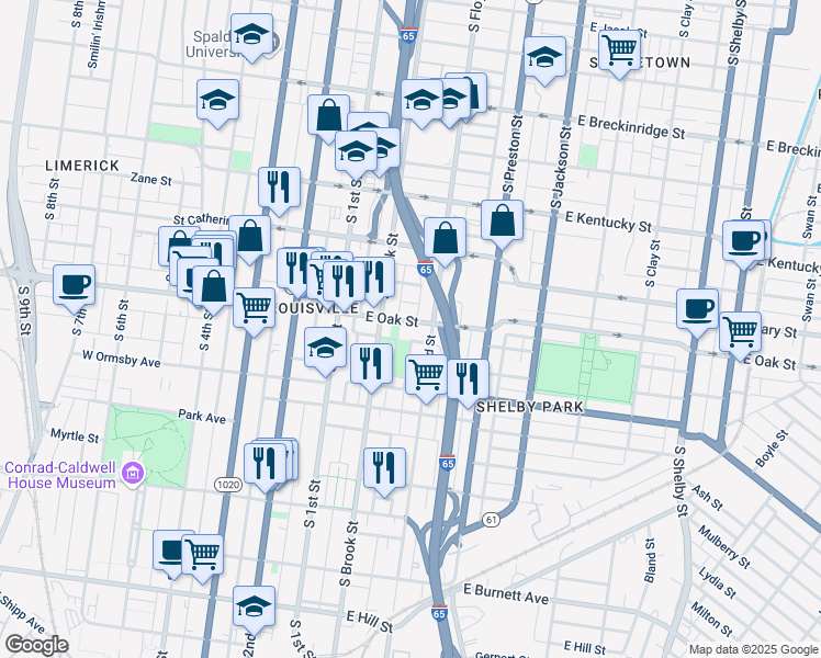 map of restaurants, bars, coffee shops, grocery stores, and more near 224 East Oak Street in Louisville