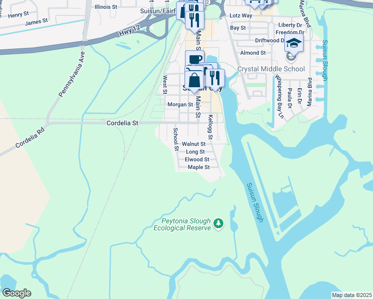 map of restaurants, bars, coffee shops, grocery stores, and more near 208 Long Street in Suisun City