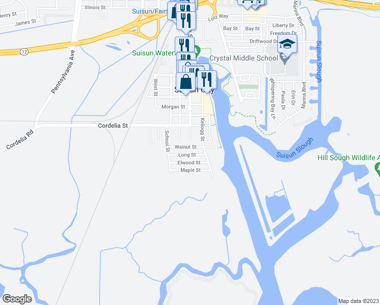 map of restaurants, bars, coffee shops, grocery stores, and more near 224 Long Street in Suisun City