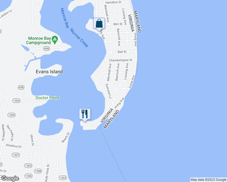 map of restaurants, bars, coffee shops, grocery stores, and more near 1505 Bancroft Avenue in Colonial Beach