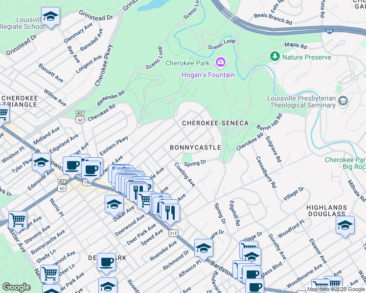 map of restaurants, bars, coffee shops, grocery stores, and more near 2229 Bonnycastle Avenue in Louisville