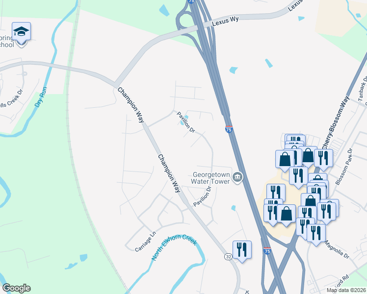map of restaurants, bars, coffee shops, grocery stores, and more near 116 Back Stretch Drive in Georgetown