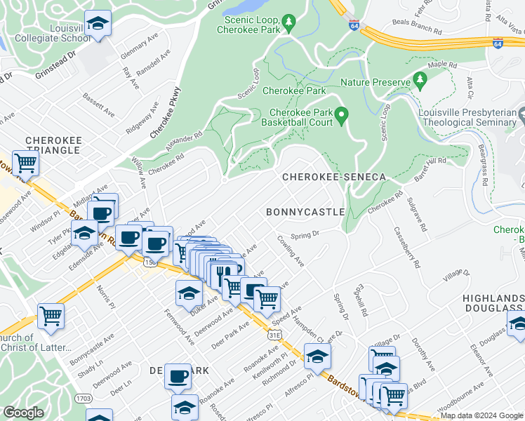map of restaurants, bars, coffee shops, grocery stores, and more near 2161 Bonnycastle Avenue in Louisville