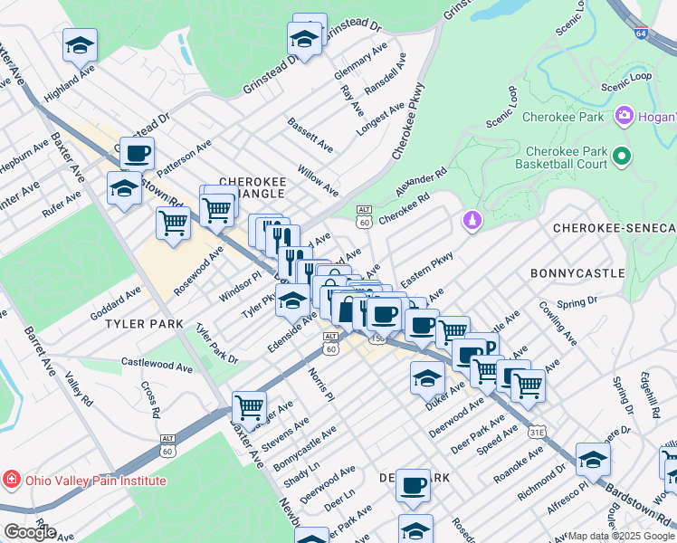 map of restaurants, bars, coffee shops, grocery stores, and more near 2015 Baringer Avenue in Louisville