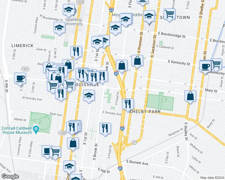 map of restaurants, bars, coffee shops, grocery stores, and more near 1220 South Floyd Street in Louisville