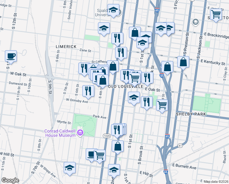 map of restaurants, bars, coffee shops, grocery stores, and more near 1234 South 2nd Street in Louisville
