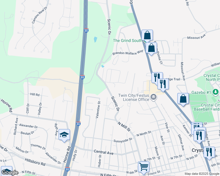 map of restaurants, bars, coffee shops, grocery stores, and more near 1822 Scenic Drive in Festus