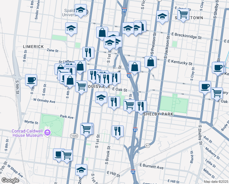 map of restaurants, bars, coffee shops, grocery stores, and more near 128 East Oak Street in Louisville