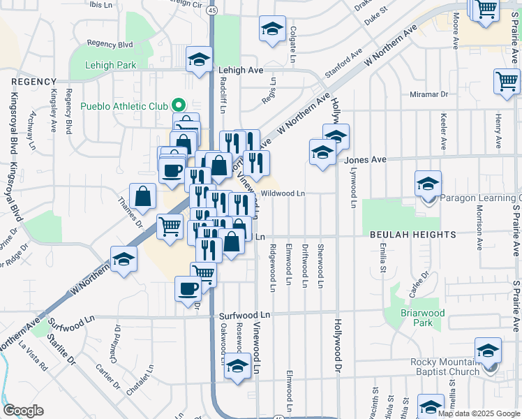 map of restaurants, bars, coffee shops, grocery stores, and more near 1912 Vinewood Lane in Pueblo