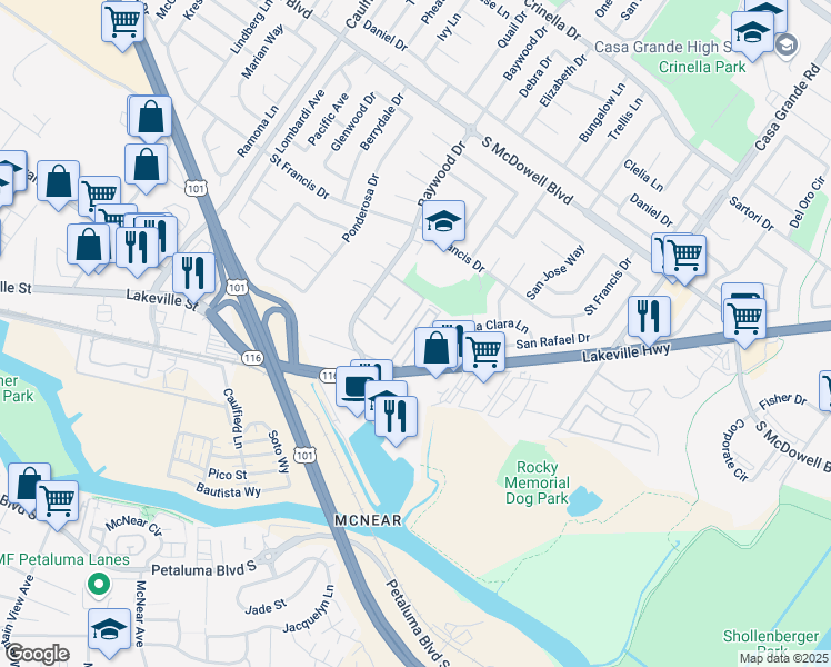map of restaurants, bars, coffee shops, grocery stores, and more near 830 Perry Lane in Petaluma