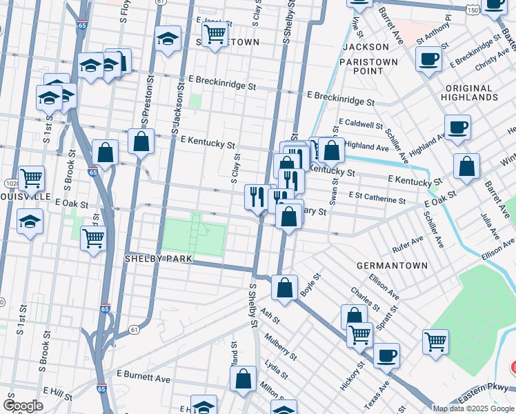 map of restaurants, bars, coffee shops, grocery stores, and more near in Louisville