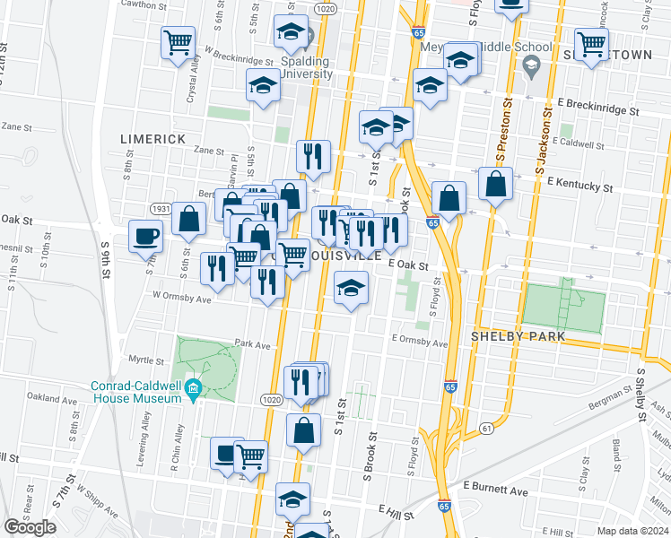 map of restaurants, bars, coffee shops, grocery stores, and more near 1233 South 2nd Street in Louisville