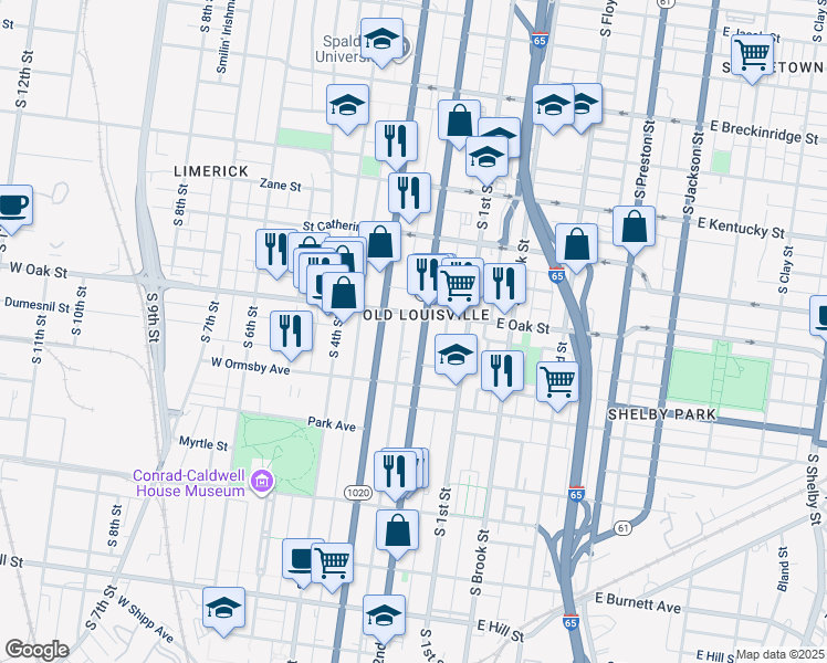 map of restaurants, bars, coffee shops, grocery stores, and more near 1234 South 2nd Street in Louisville