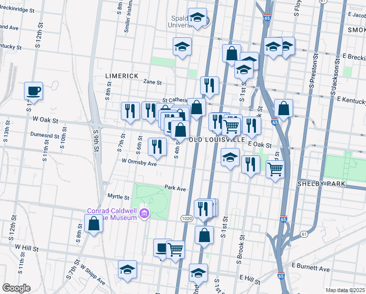 map of restaurants, bars, coffee shops, grocery stores, and more near 1238 South 3rd Street in Louisville