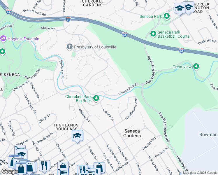 map of restaurants, bars, coffee shops, grocery stores, and more near 2901 Seneca Park Road in Louisville
