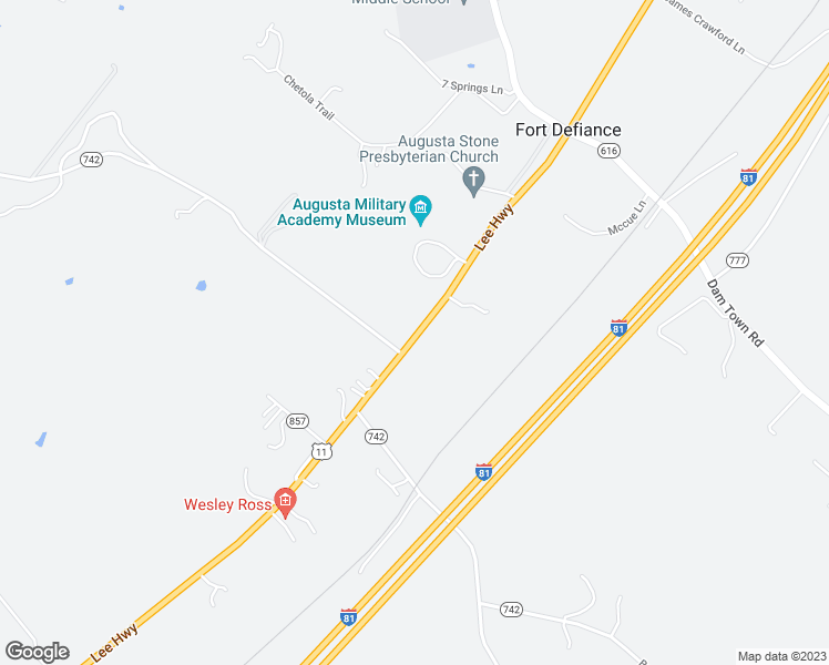 map of restaurants, bars, coffee shops, grocery stores, and more near 1572 Lee Highway in Fort Defiance