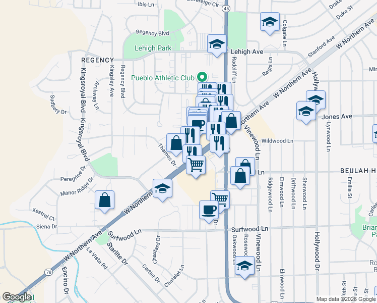 map of restaurants, bars, coffee shops, grocery stores, and more near 4109 West Northern Avenue in Pueblo
