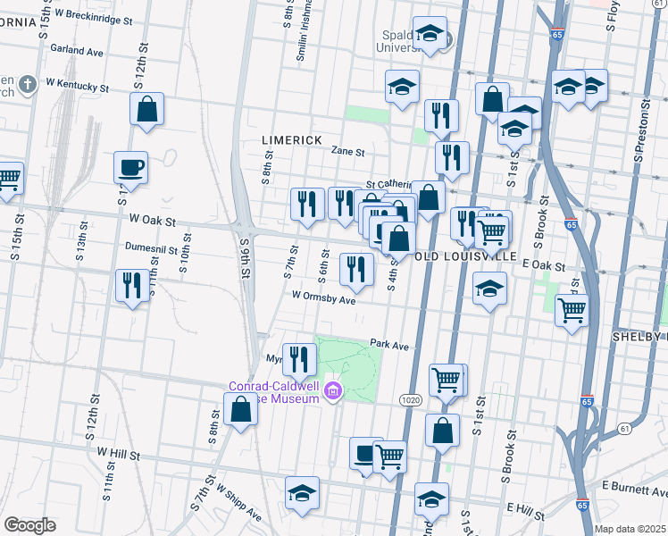 map of restaurants, bars, coffee shops, grocery stores, and more near 1206 South 6th Street in Louisville