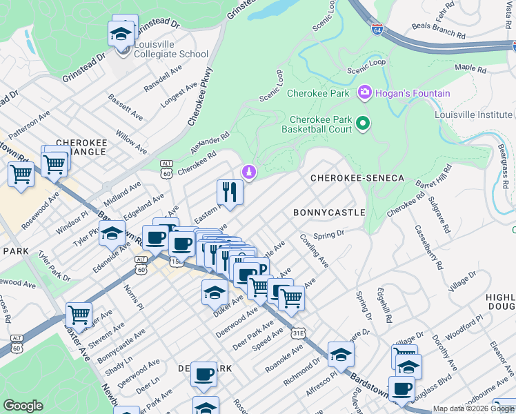 map of restaurants, bars, coffee shops, grocery stores, and more near 2212 Sherwood Avenue in Louisville