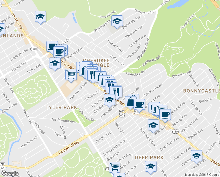 map of restaurants, bars, coffee shops, grocery stores, and more near 2039 Midland Avenue in Louisville