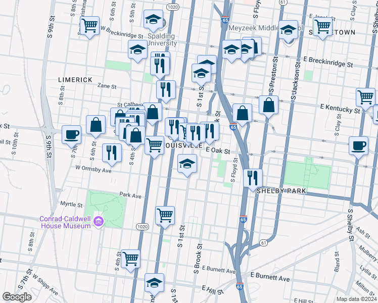 map of restaurants, bars, coffee shops, grocery stores, and more near in Louisville