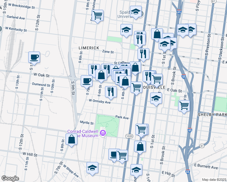 map of restaurants, bars, coffee shops, grocery stores, and more near in Louisville