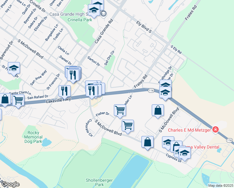 map of restaurants, bars, coffee shops, grocery stores, and more near 3200 Lakeville Hwy in Petaluma