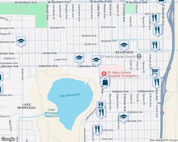 map of restaurants, bars, coffee shops, grocery stores, and more near 1300 Lakeview Avenue in Pueblo
