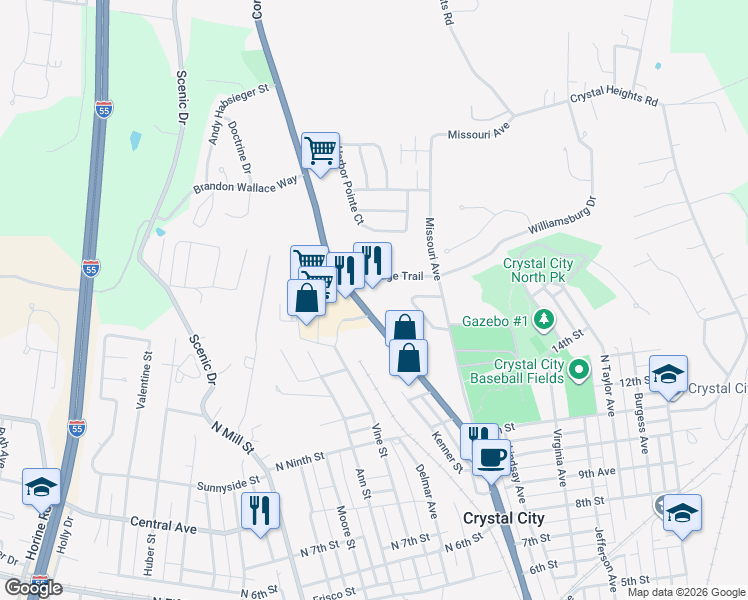 map of restaurants, bars, coffee shops, grocery stores, and more near 1500 North Truman Boulevard in Festus