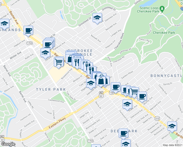 map of restaurants, bars, coffee shops, grocery stores, and more near 2020 Midland Avenue in Louisville