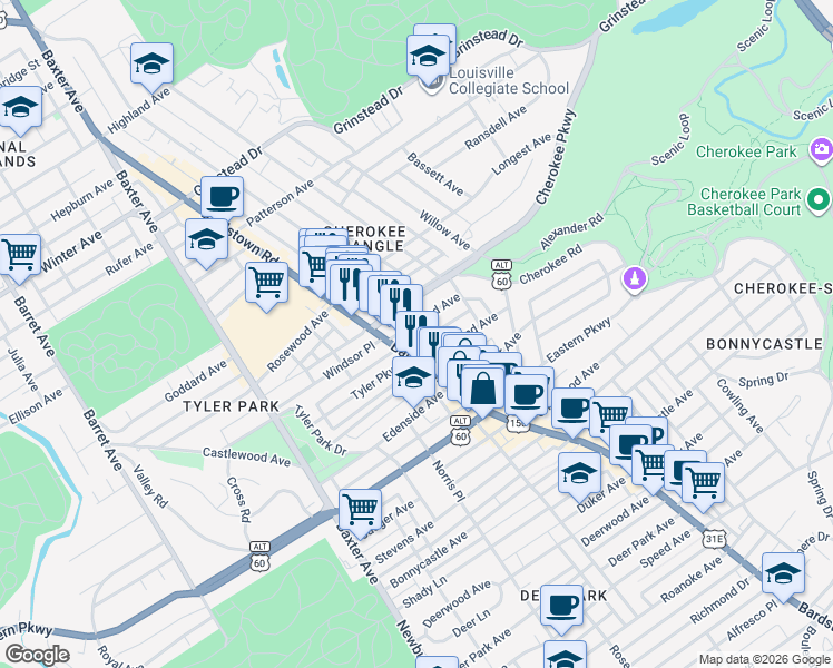map of restaurants, bars, coffee shops, grocery stores, and more near 2020 Midland Avenue in Louisville