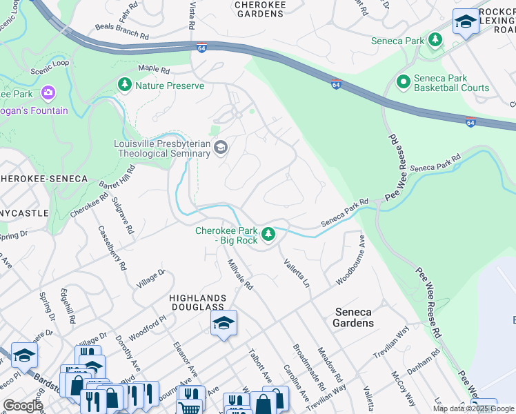 map of restaurants, bars, coffee shops, grocery stores, and more near 1130 Rostrevor Circle in Louisville
