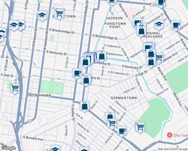 map of restaurants, bars, coffee shops, grocery stores, and more near 918 East Saint Catherine Street in Louisville