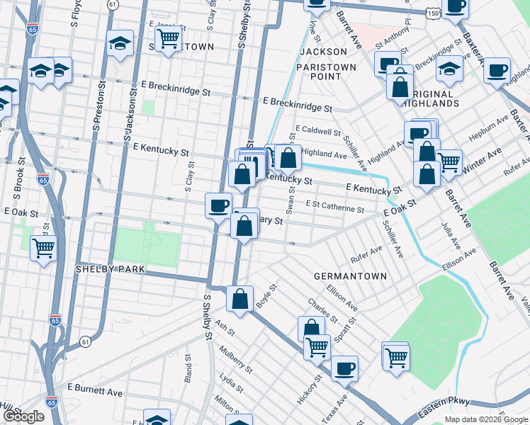 map of restaurants, bars, coffee shops, grocery stores, and more near 918 East Saint Catherine Street in Louisville