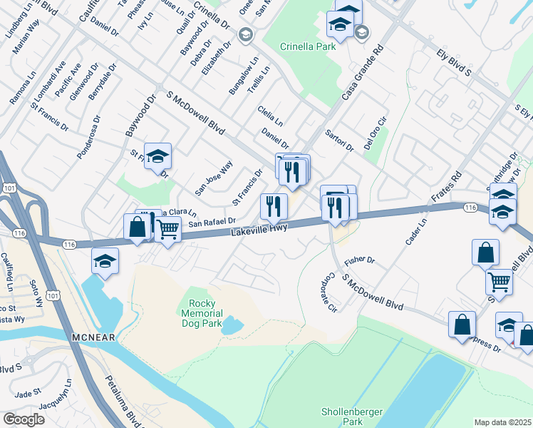 map of restaurants, bars, coffee shops, grocery stores, and more near 100 Bond Avenue in Petaluma