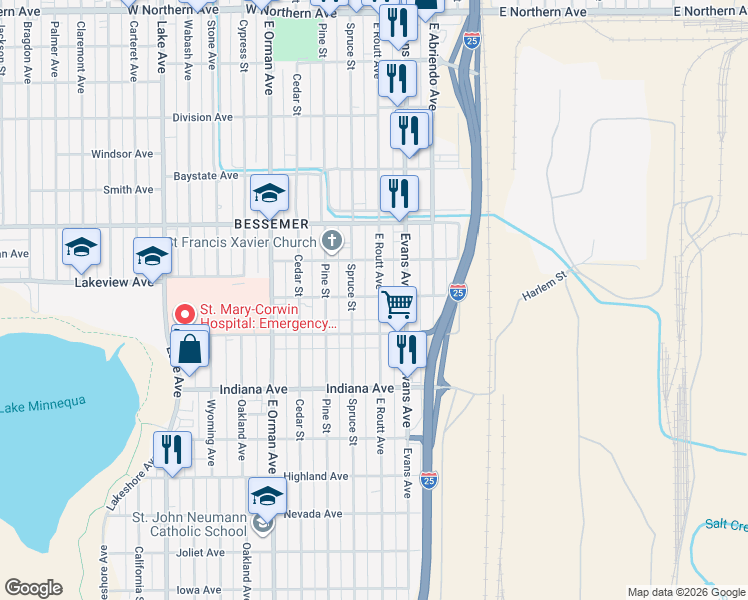 map of restaurants, bars, coffee shops, grocery stores, and more near 1820 East Routt Avenue in Pueblo