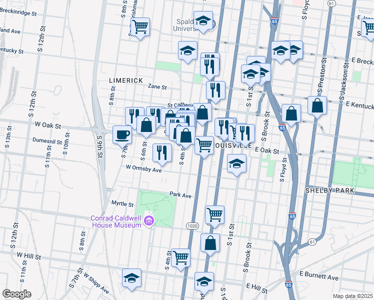 map of restaurants, bars, coffee shops, grocery stores, and more near 1215 South 4th Street in Louisville