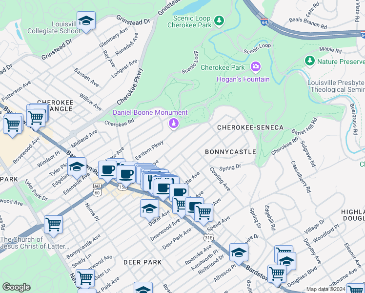 map of restaurants, bars, coffee shops, grocery stores, and more near 2212 Sherwood Avenue in Louisville