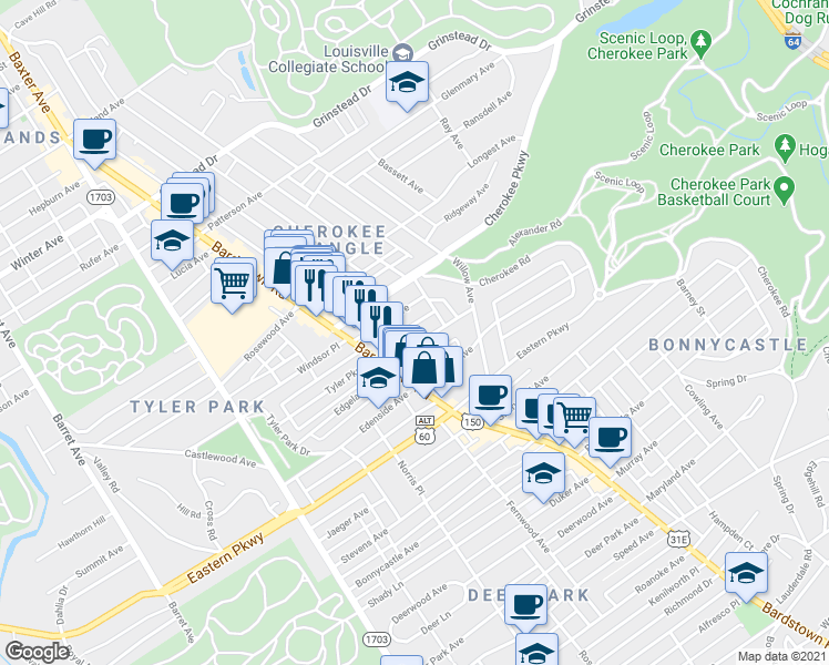 map of restaurants, bars, coffee shops, grocery stores, and more near 2039 Midland Avenue in Louisville