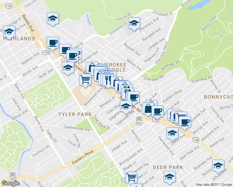 map of restaurants, bars, coffee shops, grocery stores, and more near 2017 Cherokee Parkway in Louisville