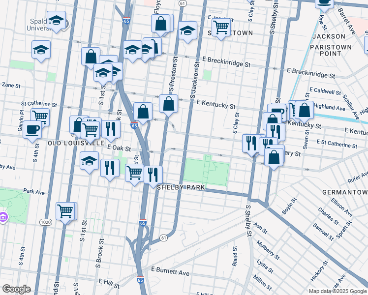map of restaurants, bars, coffee shops, grocery stores, and more near 436 East Saint Catherine Street in Louisville