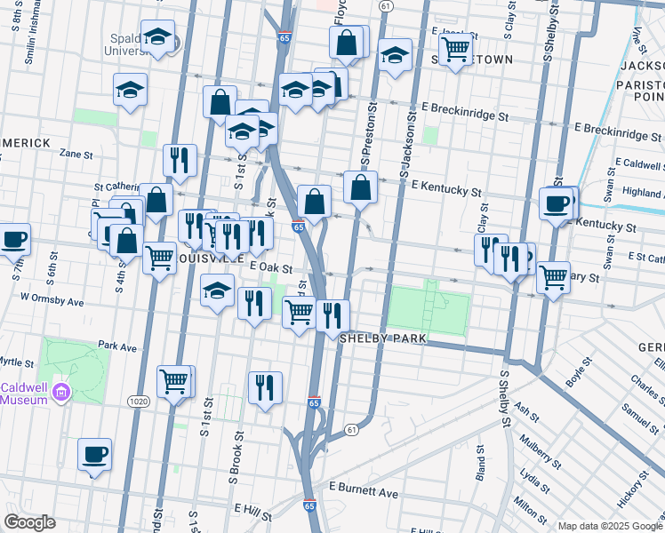 map of restaurants, bars, coffee shops, grocery stores, and more near 317 East Oak Street in Louisville