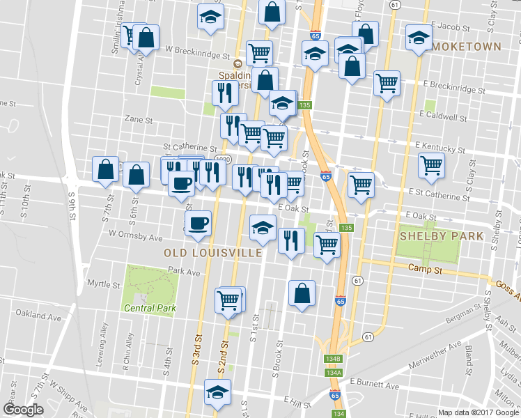 map of restaurants, bars, coffee shops, grocery stores, and more near in Louisville