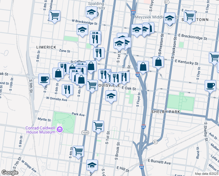 map of restaurants, bars, coffee shops, grocery stores, and more near in Louisville