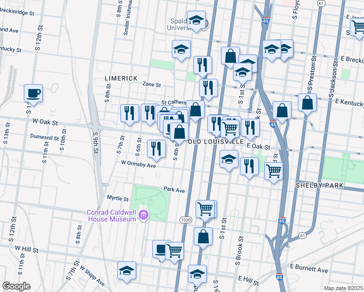 map of restaurants, bars, coffee shops, grocery stores, and more near 317 West Oak Street in Louisville